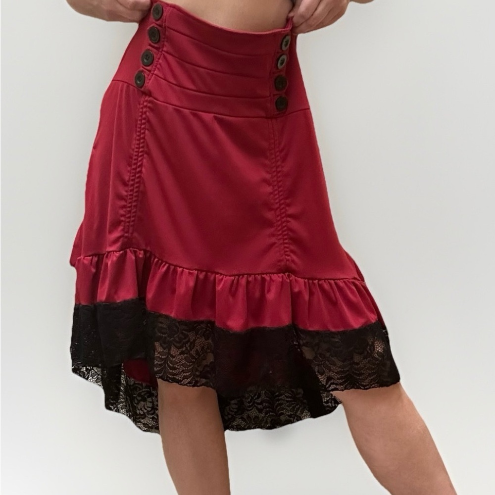 Whimsigoth Asymmetric Hem Red Black Lace Button Witchy Vamp  Midi Skirt XL